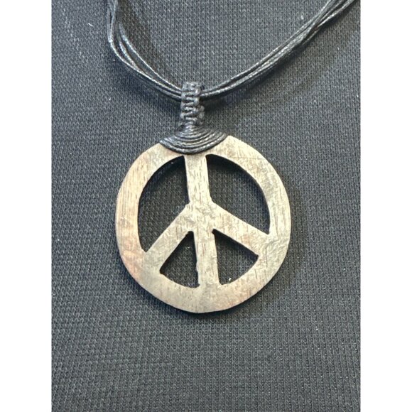 Wooden Peace Sign Pendant on a Leather Strap 18 inch Boho Hippie - Picture 2 of 3